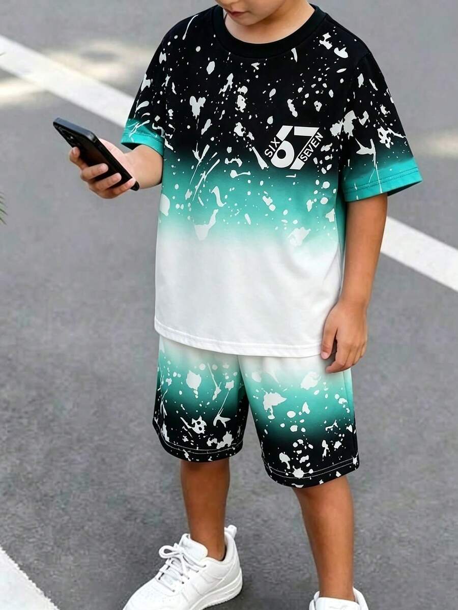2件組幼童男童時尚街頭風數字67印花圓領針織T恤與短褲套裝,舒適面料,時尚版型,春/夏新品,適合多季節與場合 - 綠色 - 查看 1