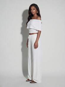 Normani 女士夏季休闲纯色露肩短款上衣和裤子两件套 - 白色 - 查看 7