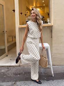 Serisse Bộ 2 món nữ áo camisole cổ tròn kiểu Pháp họa tiết chấm bi và quần ống rộng dáng suông có túi - Đen và trắng - Xem 4