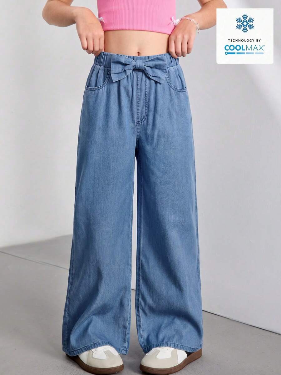SHEIN 前青春期女孩夏季休閒可愛學院風中藍色牛仔派對褲,鬆緊腰蝴蝶結設計,寬鬆大腿褲,兒童節特別版 - 淺色水洗藍 - 查看 1