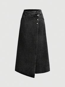 SHEIN MOD 女款休閒水洗牛仔裹裙 - 黑色 - 查看 1