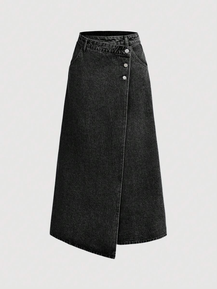 SHEIN MOD 女款休閒水洗牛仔裹裙 - 黑色 - 查看 1