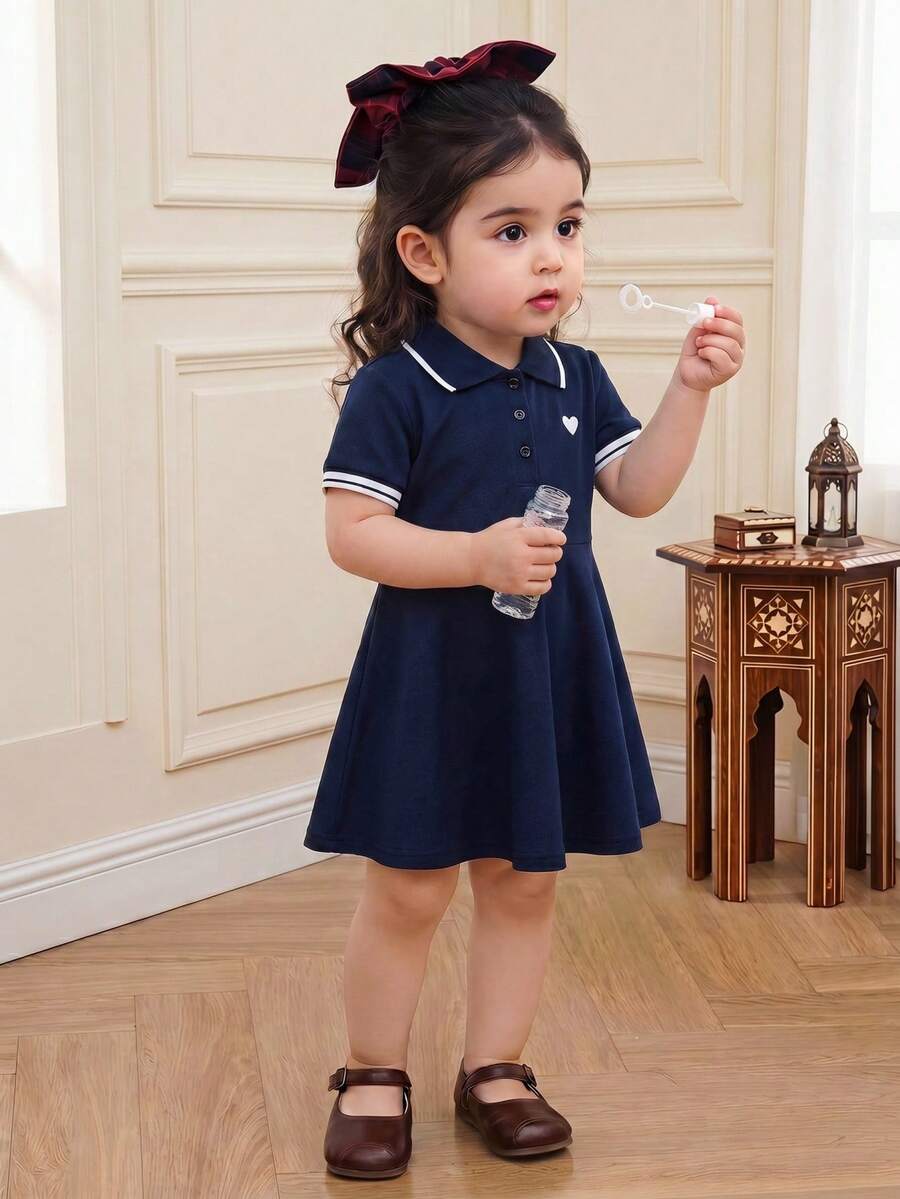 Elladie kids Young Girl Heart Print Polo Collar Dress Summer Holiday - Navy Blue - View 1