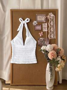 Elavelle Women's Spring/Summer Jacquard Fabric Spaghetti Strap Starfish Decor Bikini Top - White - View 4