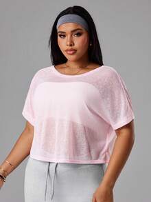 SHEIN Rhythm Era Plus Size Women's Fashion Casual Elegant Fitness Running Outdoor Semi-Sheer Loose Backless Short Sleeve Yoga Sports Top - Baby Pink - View 4