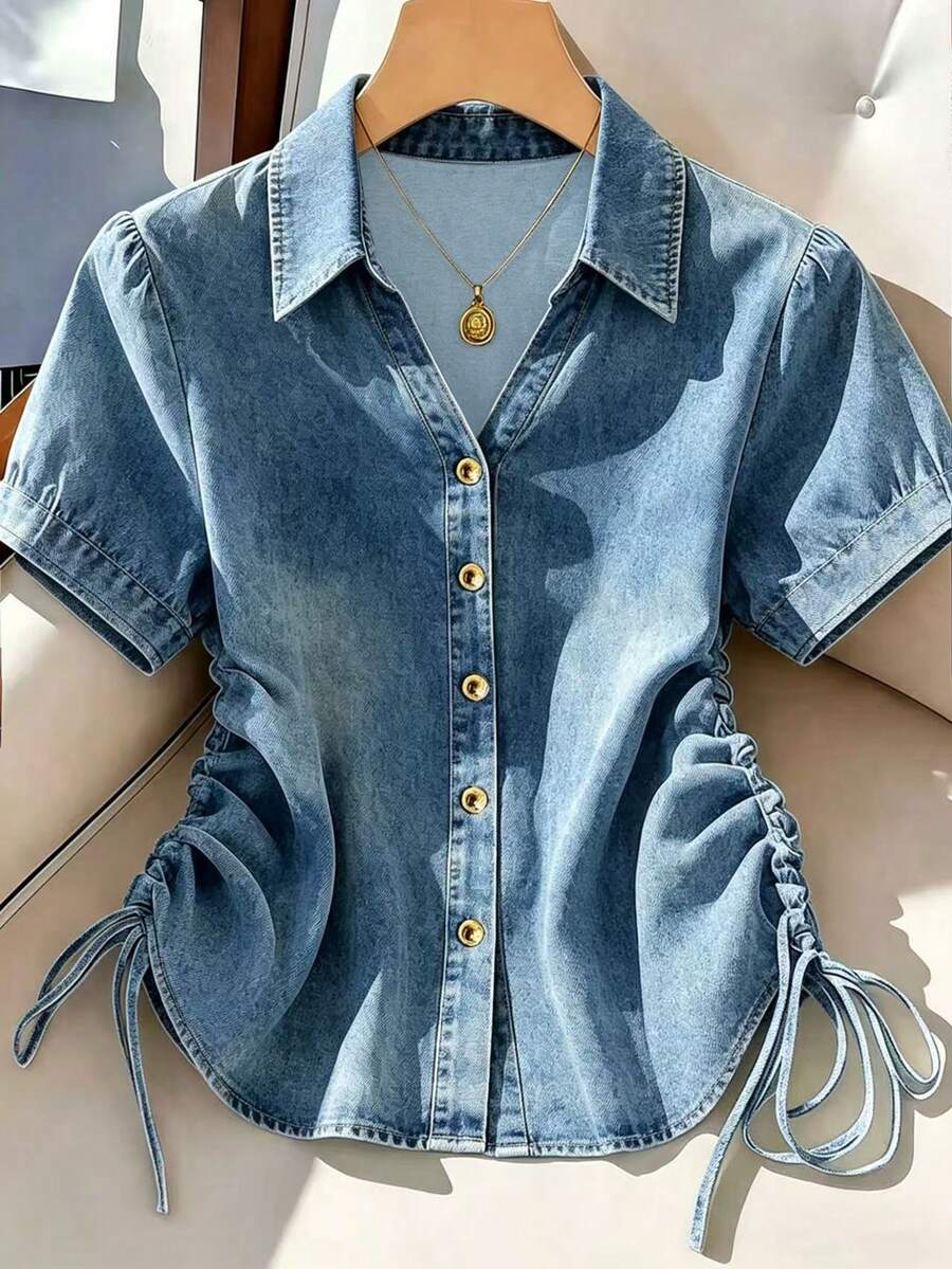 Franclia Camisa casual de uso diario para mujer con efecto lavado, cordón lateral, botones delanteros y manga corta - Multicolor - Ver 1