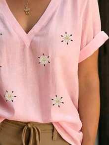 EMERY ROSE Women's Cotton Embroidered Drop Shoulder Short Sleeve White Blouse - Pink - View 3