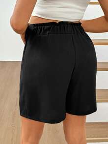 SHEIN Maternity Solid Color Minimalist Business Casual Versatile Elastic Waist Button Pleated Shorts Beach Summer - Black - View 2
