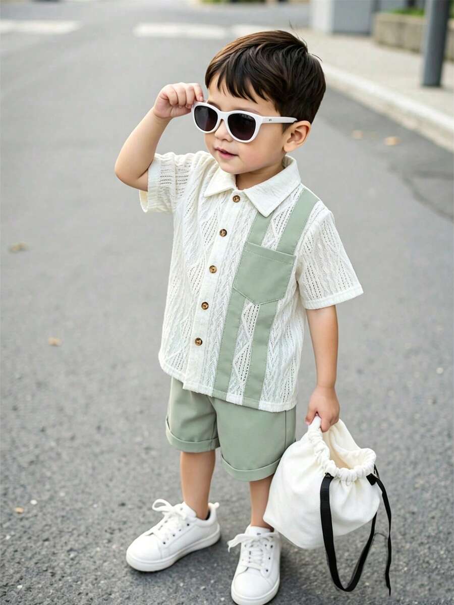 2pcs/Set Young Boy Casual Solid Color Jacquard Fabric Patchwork Striped Short Sleeve Shirt And Shorts Set, Suitable For Daily Casual, Vacation, Sports, Summer - Green - View 1