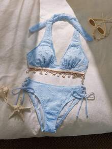 Swim Lushoire Swim Mod 新款女款優雅波希米亞風 2 件式黃色紋理花卉三角比基尼套裝，Y2K Spice Girl 復古可愛甜美海濱時尚 90s/2000s 風格海灘航海風－2 件式泳衣含掛脖上衣、紋理花卉壓紋布料、貝殼與海星吊飾飾邊、側綁帶性感三角褲，修身女性輪廓海灘裝，適合夏季度假、泳池派對與音樂節 - 淺藍色 - 查看 6