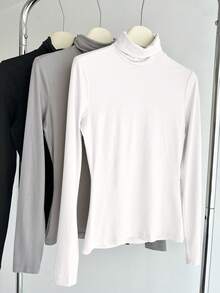 SHEIN BASICS 3pcs Solid Color Knit Turtleneck Raglan Sleeve Fitted Women's Base Layer T-Shirt - Multicolor - View 3