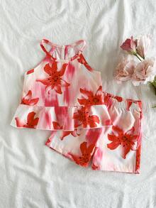 SHEIN Vintaside Kids 2件組女嬰幼兒/新生兒0-3歲春夏季多巴胺鮮豔花卉印花度假細肩帶上衣+短褲套裝，嬰兒春夏季套裝 - 彩色 - 查看 6