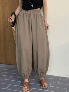DAZY Women's Loose Solid Color Lantern Ankle Pants, Casual Summer Trousers - Brown - View 5