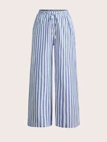 SHEIN Tall CURVE Conjunto de 3 piezas de pantalones casuales de vacaciones con cordón, textura y rayas de unicolor para mujer talla grande - Multicolor - Ver 7