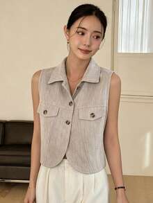 Dazy-Less Women's Fashionable Versatile Button Minimalist Basic Vest Lightweight Jacket, Suitable For Autumn And Casual Wear Teachers' Day Swimming White - Khaki - View 1