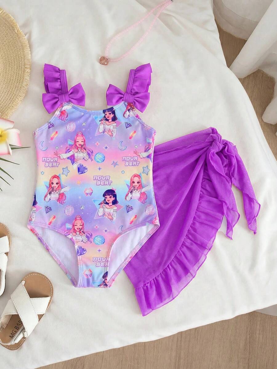 SHEIN Young Girl Cartoon Print Butterfly Decor Swimsuit With Coverup And Skirt Set - Multicolor - View 1