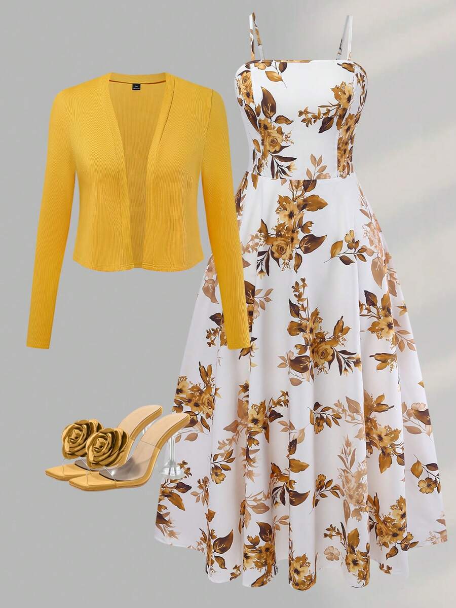 Franclia Plus Size Women's Floral Print Cami Top And Solid Color Open Front Cardigan Casual Everyday Set - Gold - View 1