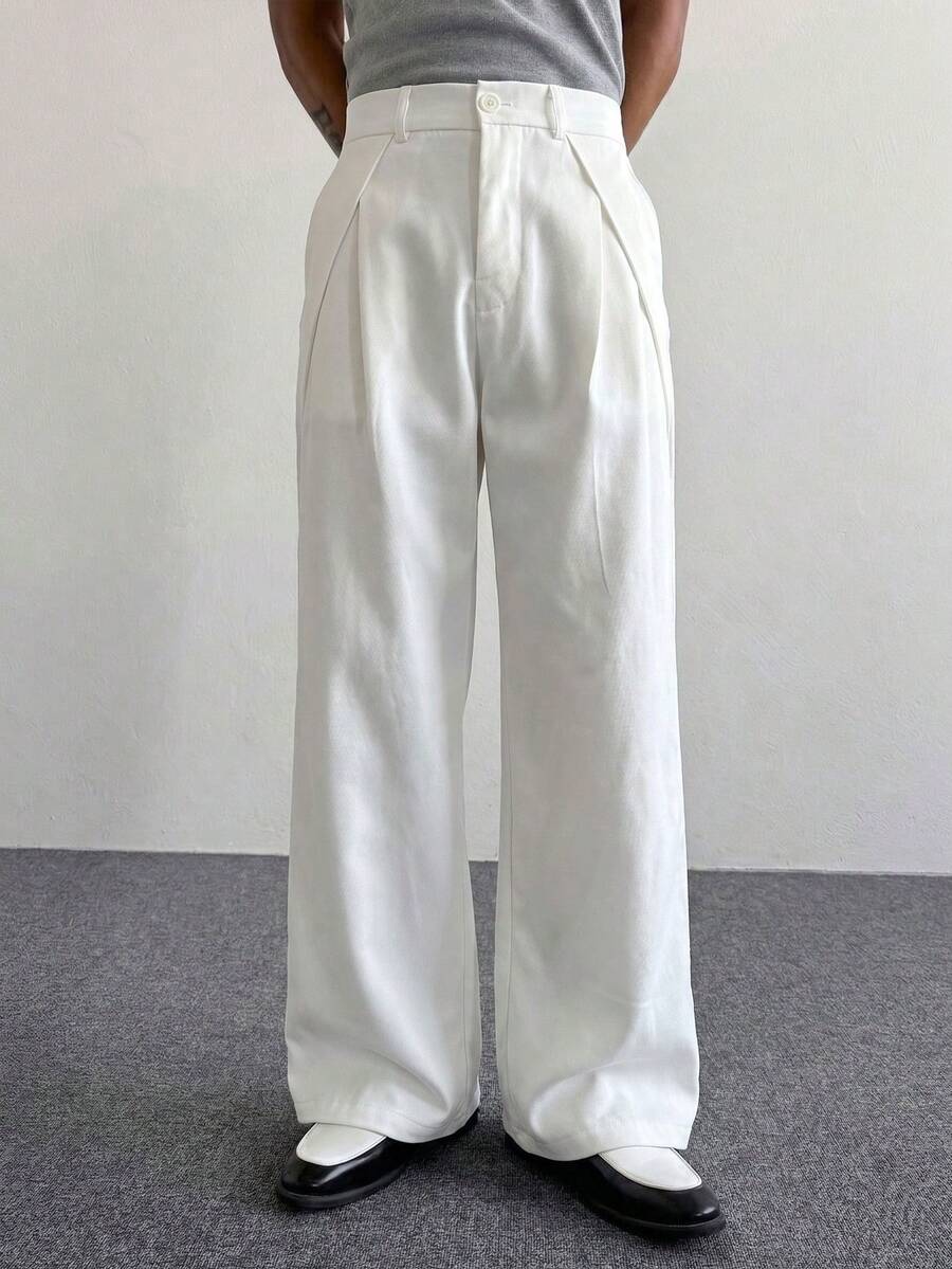 Manfinity Hypemode Men's Solid Color Pleated Loose Casual Wide Leg Pants - White - View 1