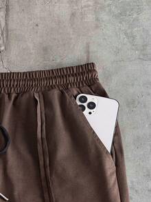 AXEPEAK Men's Solid Color Crew Neck Loose Short Sleeve T-Shirt And Waist Drawstring Pocket Shorts Set - Brown - View 6