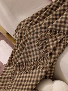 1pc Small Square Checkered Woven Sofa Blanket, Casual Style Polyester Rectangular Tassel Throw For Nap Or Daily Use At Office - Brown - View 6