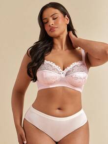 SHEIN BAE CURVE 1pc Plus Size Lace Patchwork Steel Wire Bra, Lift - Pink - View 4