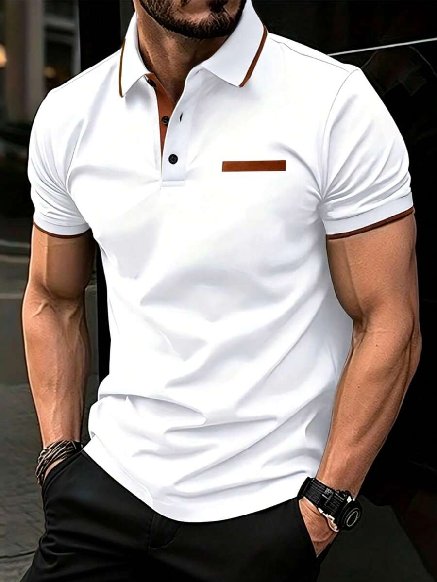 Manfinity Homme 男士白色與棕色對比色短袖 Polo 衫,夏季休閒高爾夫上衣,羅紋領口與假口袋設計,老錢風設計師款,正式 - 白色 - 查看 1