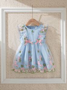 Souflis Souflis 法式復古新淺藍色女嬰甜美荷葉邊無袖刺繡網紗公主洋裝，適合假期、度假、派對及其他場合，春/夏 - 淺藍色 - 查看 6