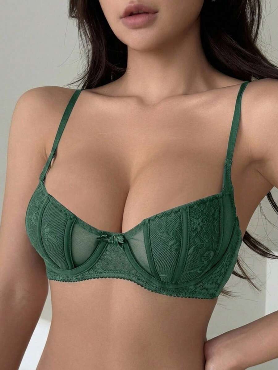 DAZY Mesh Contrast Lace Lightweight Adjustable Strap Padded Sexy Bra For Women - Green - View 1