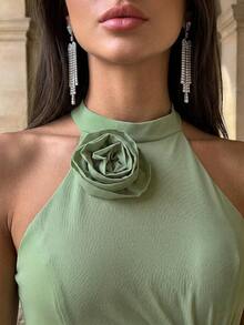 Firerie Elegant Powder Blue Floral Ruched Bust Mesh Overlay Fishtail Maxi Bridesmaid Dress Green Wedding - Mint Green - View 3