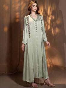 Layrah Women's Rhinestone V-Neck Dress And Long Robe Casual Party Travel Arabic Set - Green - View 8