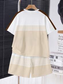 青少年男孩休閒舒適極簡圓領短袖T恤與短褲套裝 - 彩色 - 查看 6