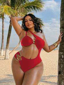 Swim SXY Plus Size Women's Solid Brown Knit One-Piece Swimsuit, Minimalist Casual Halter Strap Design - Red - View 3