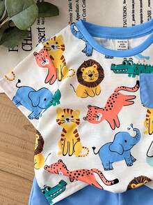 LMoss Kids 2pcs Baby Boy Cute Cartoon Pattern Color Block Round Neck T-Shirt And Shorts Set - Multicolor - View 5