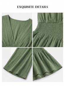 ELLERISSA Plus Size Green Shirred Waist V-Neck Top & Wide Leg Trousers Co-Ord Set - Green - View 7