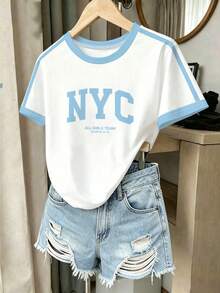 Girls' Casual Fashion Creative NYC Graphic Short Sleeve T-Shirt, Comfortable Daily Wear For Spring, Summer, Autumn - Multicolor - View 1