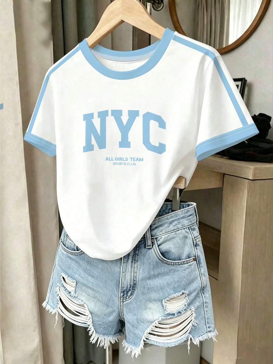 Girls' Casual Fashion Creative NYC Graphic Short Sleeve T-Shirt, Comfortable Daily Wear For Spring, Summer, Autumn - Multicolor - View 1