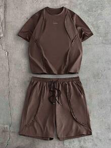 AXEPEAK Men's Solid Color Crew Neck Loose Short Sleeve T-Shirt And Waist Drawstring Pocket Shorts Set - Brown - View 15