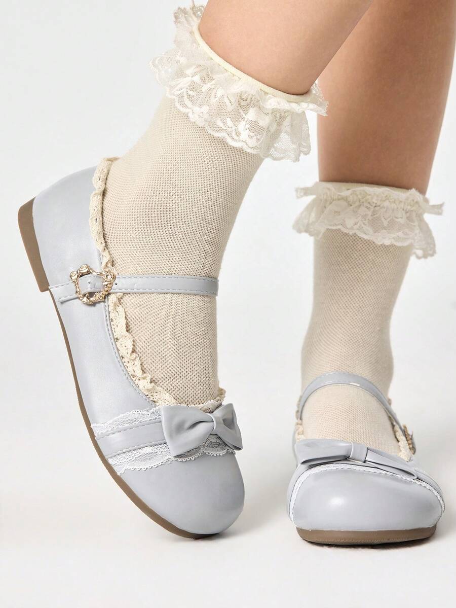 ROMWE Kawaii Women Shoes Grey Loafers Closed Toes Mary Jane Small Leather Shoes Bow Lace Lolita Shoes Ballet Dance Shoes Women's Flat Shoes Y2K - grey double bow - View 1