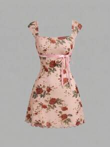 Floral Print Mesh Pleat Dress With Bow - Pink - View 4