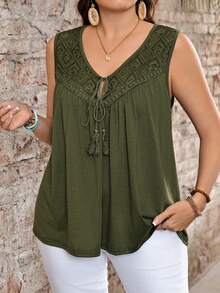 EMERY ROSE Plus Size Women Summer Casual Vacation Country Solid Color Pleated Casual Versatile Daily Wear Tank Top Green Vest,Country Concert Outfit,Festival Outfits For Women,Festa Junina - Army Green - View 4