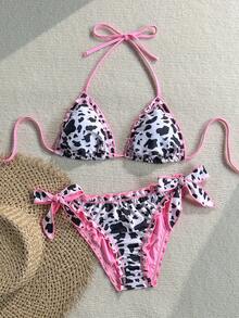 Soleia Women's Retro Colorful Leopard, Zebra, Floral Print Ruffled Tie-Front Tassel Decorated Bikini Set, Suitable For Beach Vacation - Multicolor - View 3