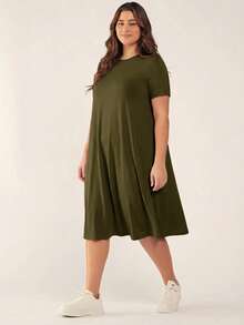 SHEIN BASICS 大尺碼休閒素色短袖洋裝，夏季 - 軍綠色 - 查看 5