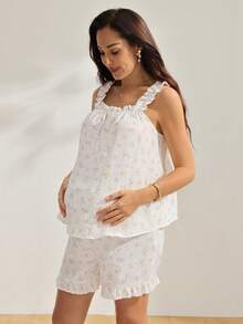 GentleRue Maternity 孕妇碎花褶皱纹理棉质两件套，方领荷叶边无袖上衣+短裤，隐藏式哺乳开口，宽松版型，适合孕期穿着，居家及户外皆宜 - 彩色 - 查看 8