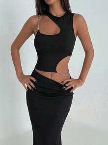 Ronhire Chain Detail Asymmetrical Crop Top Black Summer - Black - View 4
