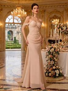 Coutiva Đầm dạ hội cao cấp trễ vai dành cho nữ, đầm thanh lịch đính sequin lấp lánh. - Màu be - Xem 8