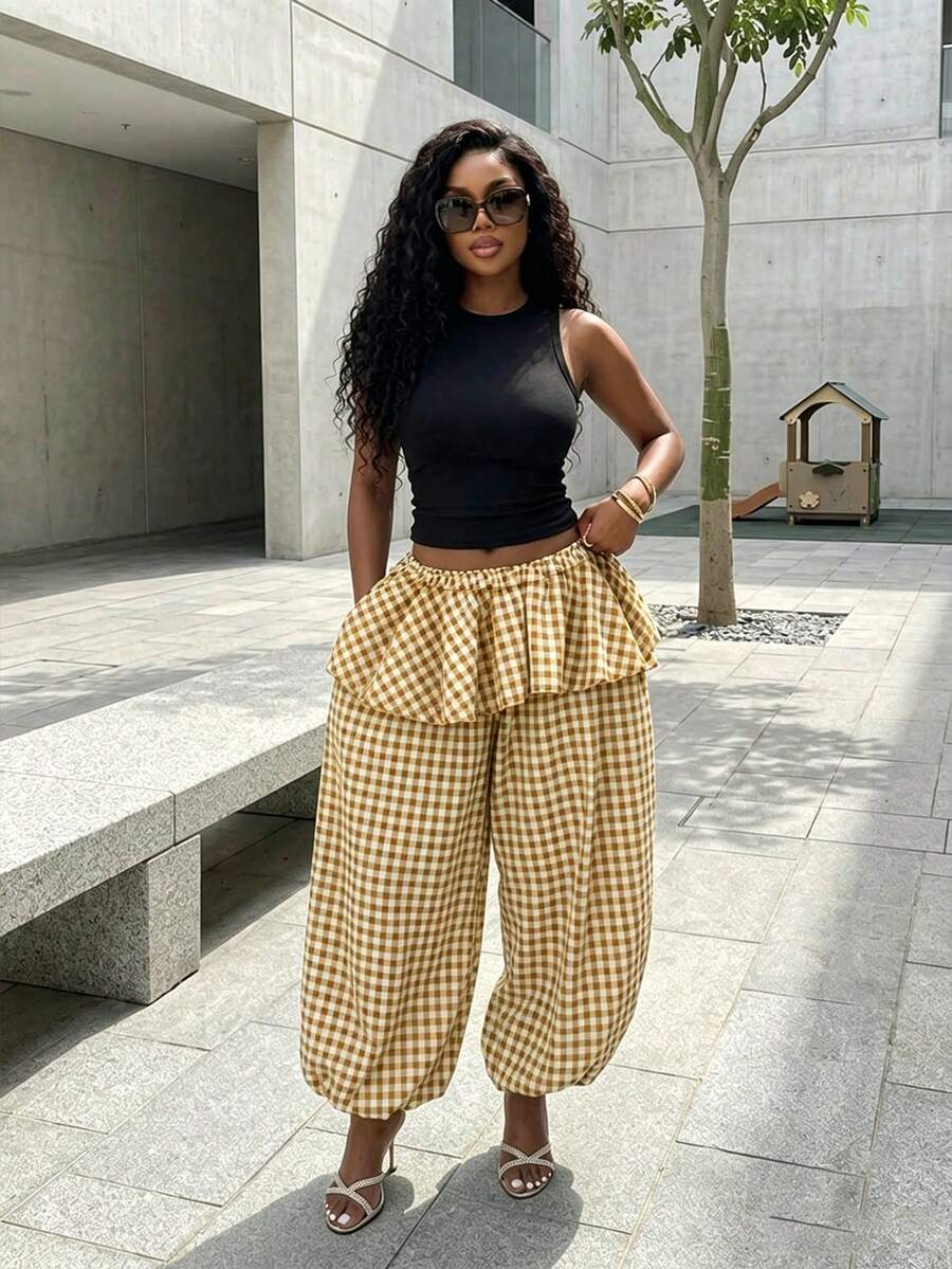 BamGleam Women's Classic Plaid 2 In 1 Set, Ruffle Trim Patchwork Loose Cuffed Casual Long Pants - Coffee Brown - View 1