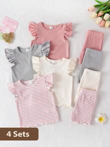 SHEIN Baby Girl Sweet Flutter Sleeve Ribbed Set, Multi-Color Skin-Friendly Frill Trim Shorts Casual - Multicolor - View 3