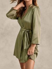 EverLounge Open Front Belted Satin Night Robe Luxeloungewear, Fall, Winter - Army Green - View 5