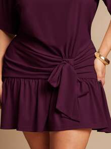 SHEIN BAE Gaun Pendek Lengan Pendek dengan Ikat Pinggang Warna Aprikot untuk Wanita Ukuran Besar - Purple - View 6