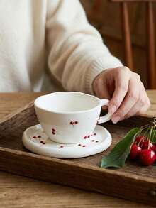 Cirelle 1Pc/3Pcs Ceramic Cup & Saucer Set, High-Temp Glazed Ceramic With Hand-Painted Cherry Prints, Heat & Cold Resistant For Holding Coffee And Tea, Ornamental Table Piece For Household Afternoon Tea And Indoor Counter Display. - Multicolor - View 7